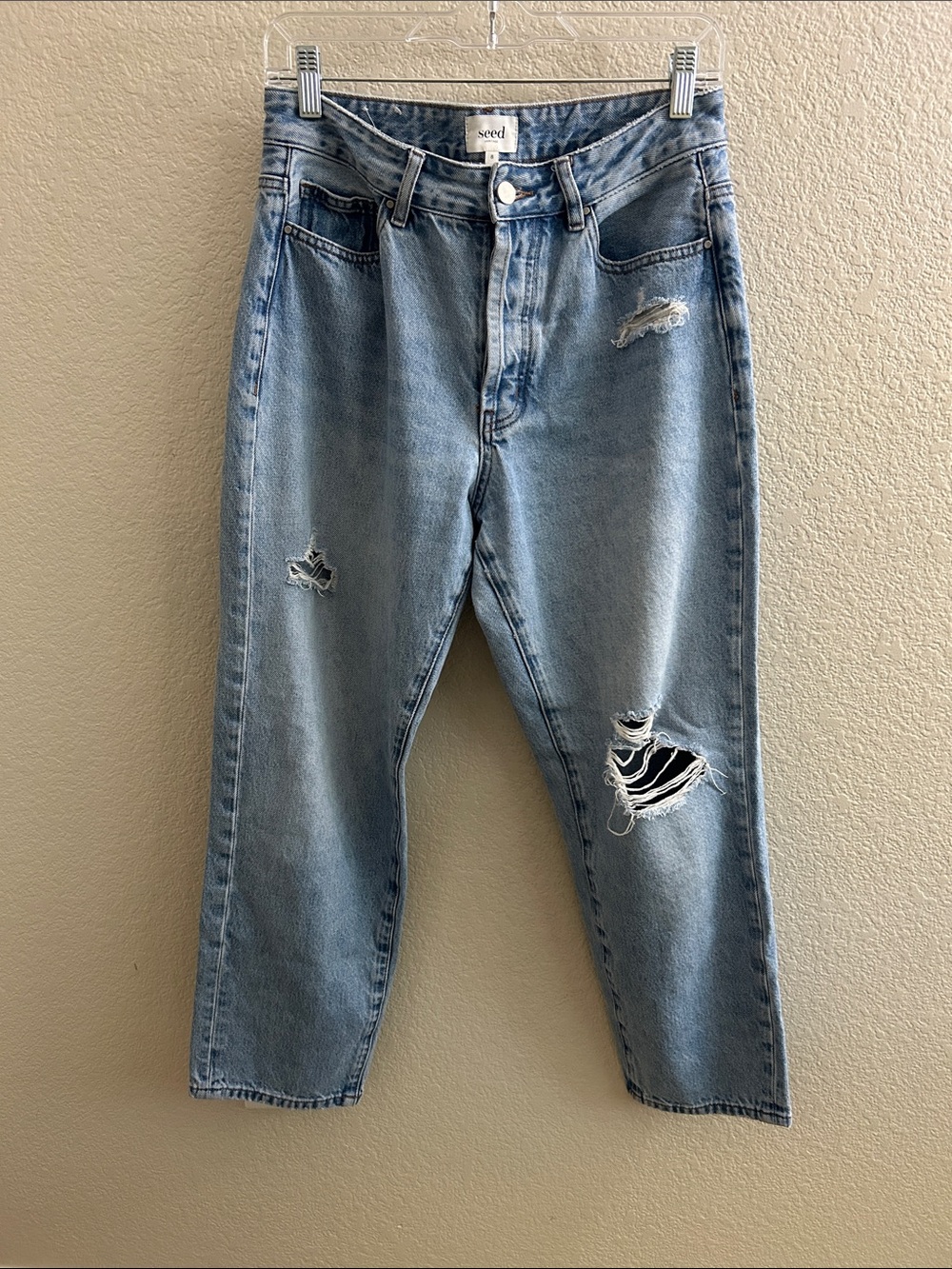 Seed Heritage Light Blue Distressed High Rise Straight Jeans